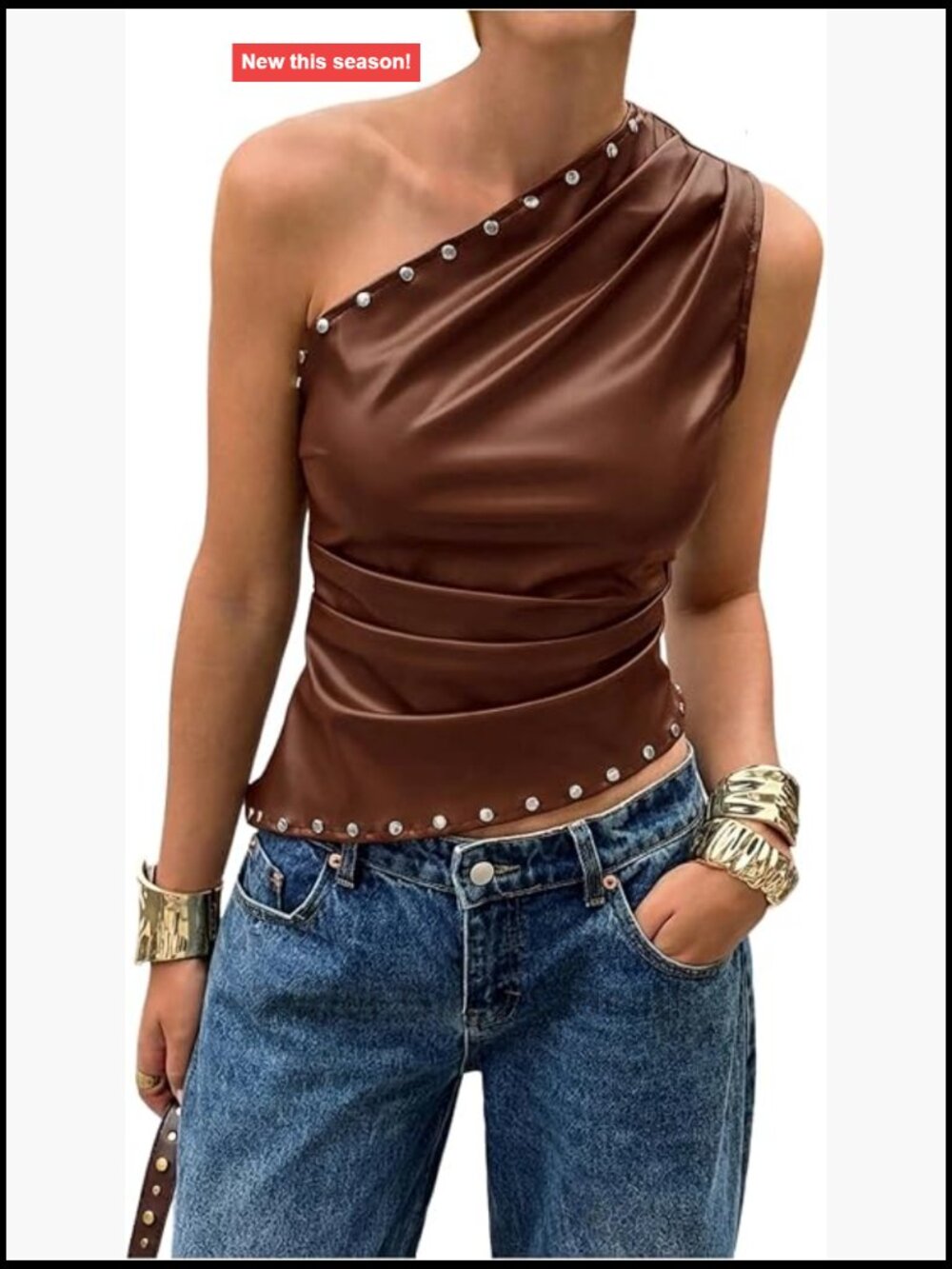One Shoulder Faux Leather Tank Top Y2K Punk Goth Studded Sleeveless